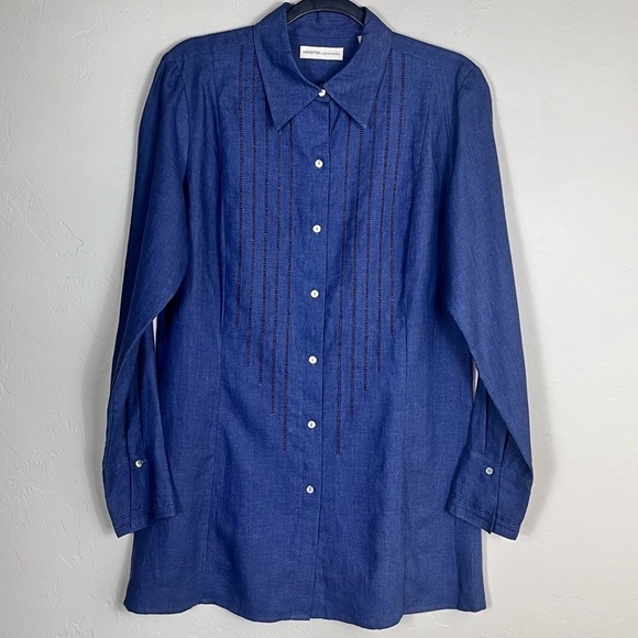 Valerie Stevens 100% Linen Button Down Side Slit Blouse Top Shirt - Picture 1 of 8